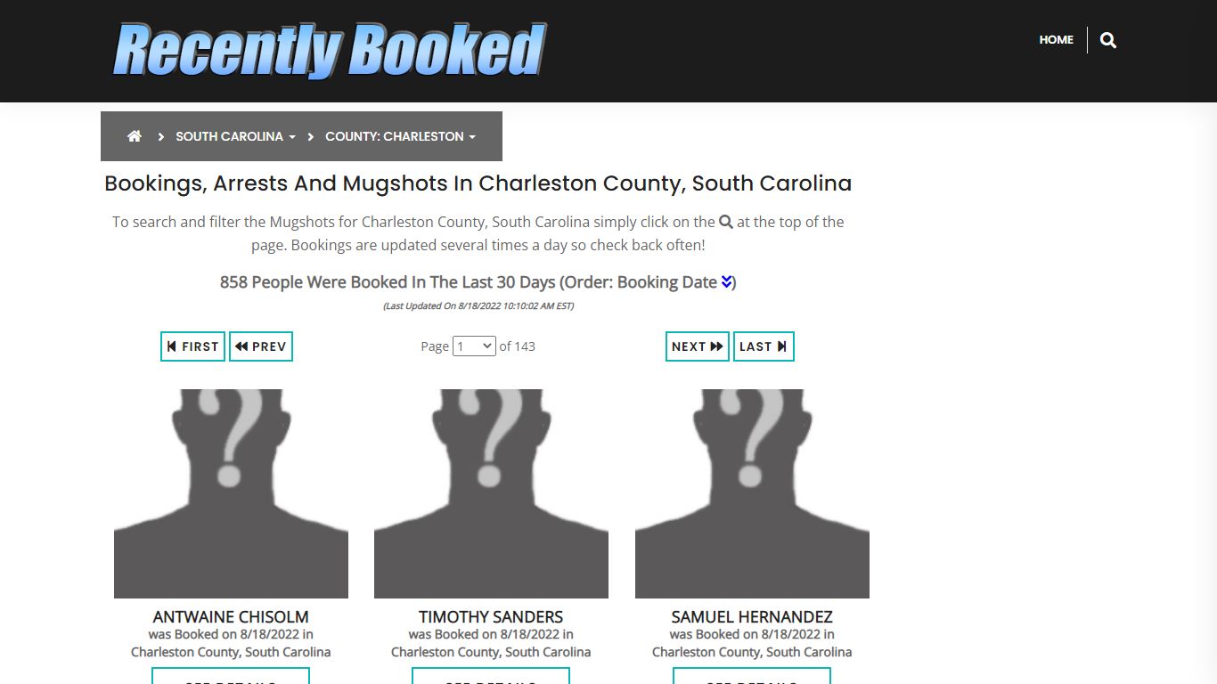 Bookings, Arrests and Mugshots in Charleston County, South Carolina